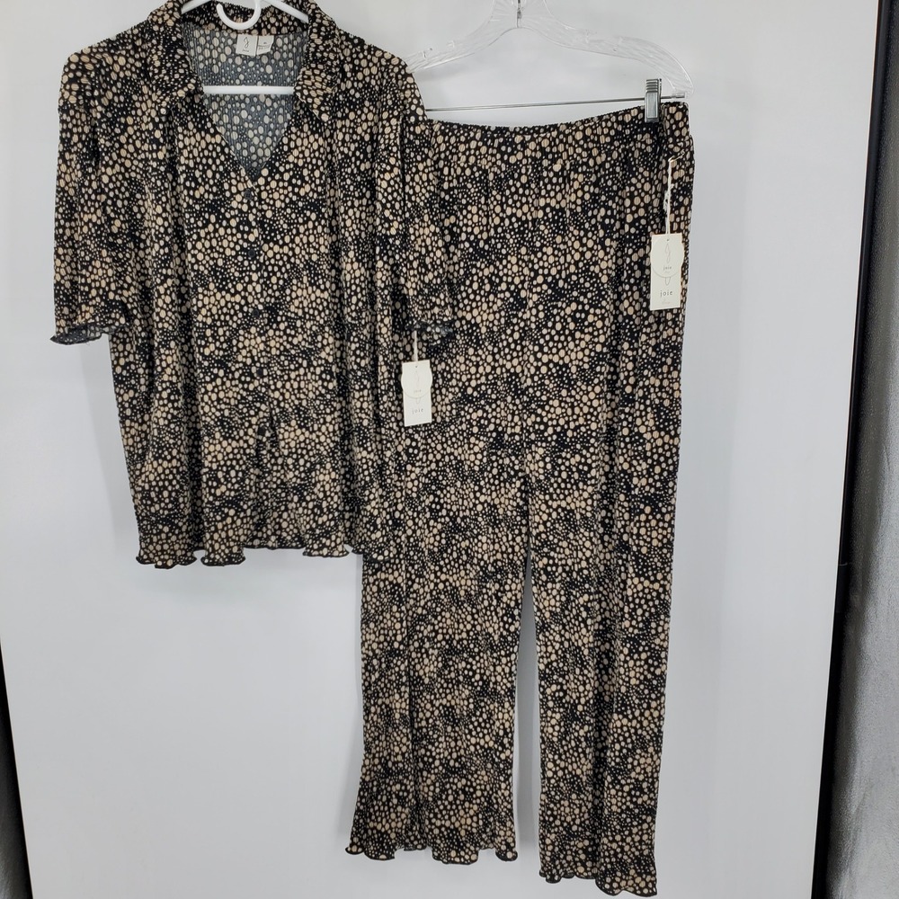 NWT Joie Womens XL Pajama Set Black Dot Plisse Pleated Button Front Lounge Set